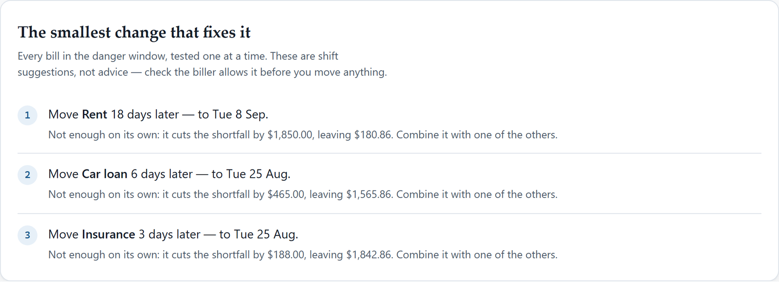 The fix panel listing bills to move, each with how many days to shift it and whether that alone clears the shortfall.