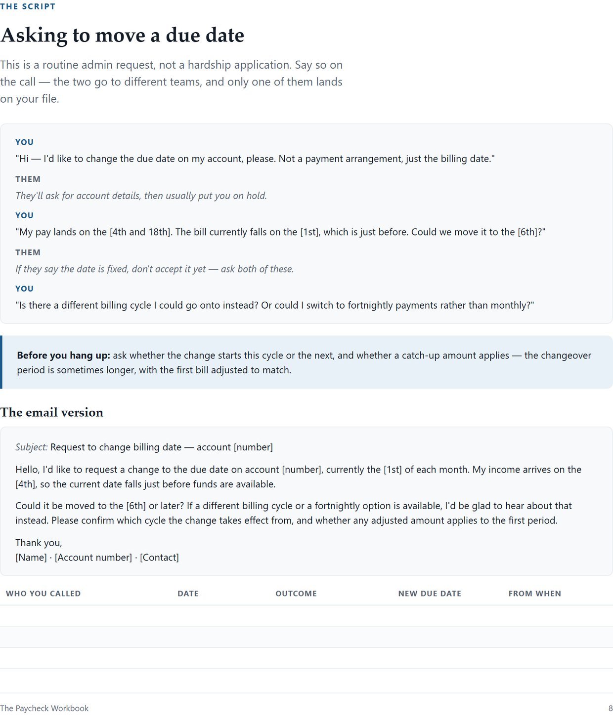 Page 8 — the word-for-word phone script and email template for moving a due date
